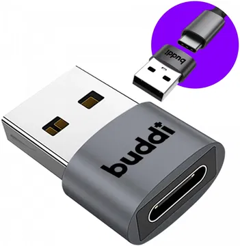 Buddi Ease USB-C naar USB-A Adapter Koppelstuk Grijs