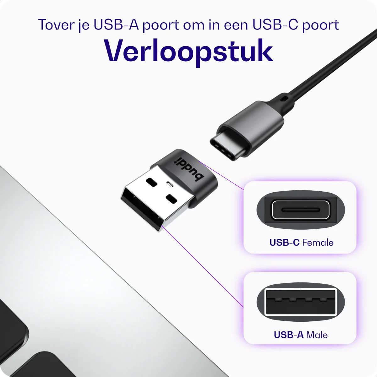 Buddi Ease USB-C naar USB-A Adapter Koppelstuk Grijs afbeelding 2