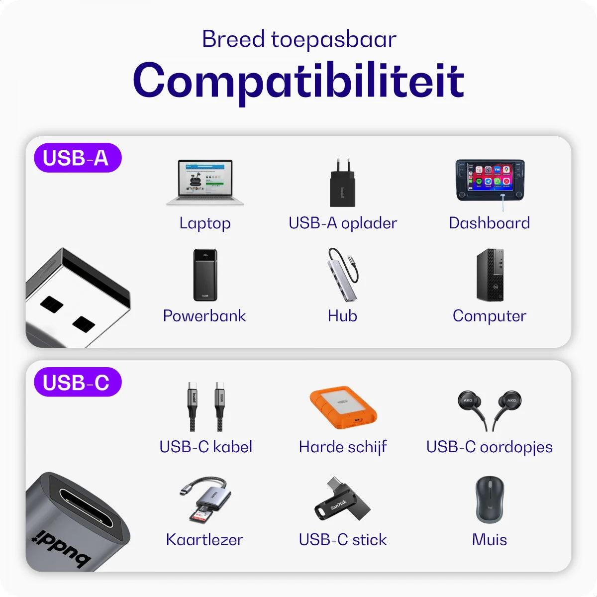 Buddi Ease USB-C naar USB-A Adapter Koppelstuk Grijs afbeelding 5