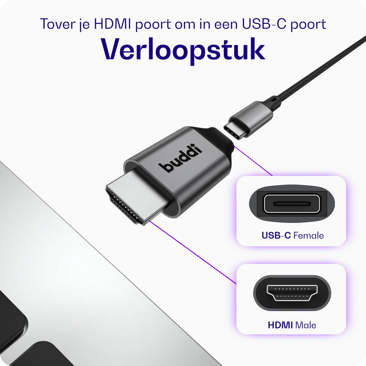 Buddi Ease USB-C naar HDMI 4K@60Hz Adapter Grijs afbeelding 2