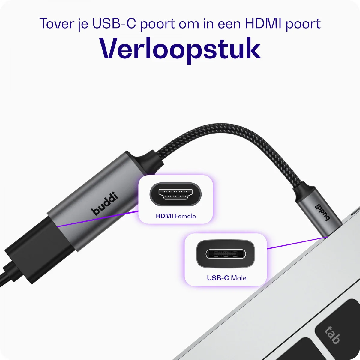 Buddi Ease USB-C naar HDMI USB 3.1 4K@60Hz Adapter 20CM Grijs afbeelding 2
