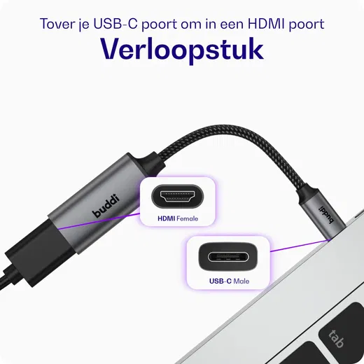 Buddi Ease USB-C naar HDMI USB 3.1 4K@60Hz Adapter 20CM Grijs afbeelding 2
