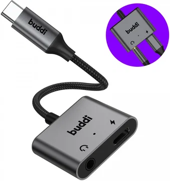 Buddi Ease USB-C en 3.5mm Jack naar USB-C Adapter 60W PD / DAC Chip Grijs