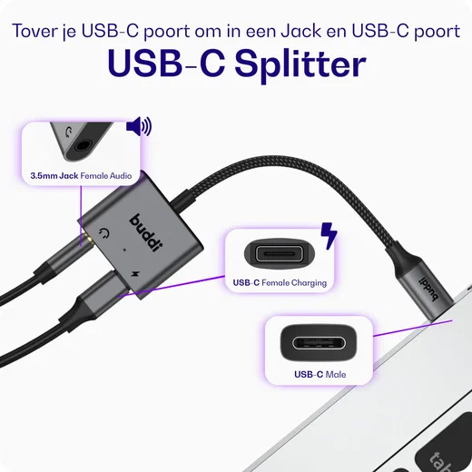 Buddi Ease USB-C en 3.5mm Jack naar USB-C Adapter 60W PD / DAC Chip Grijs afbeelding 2