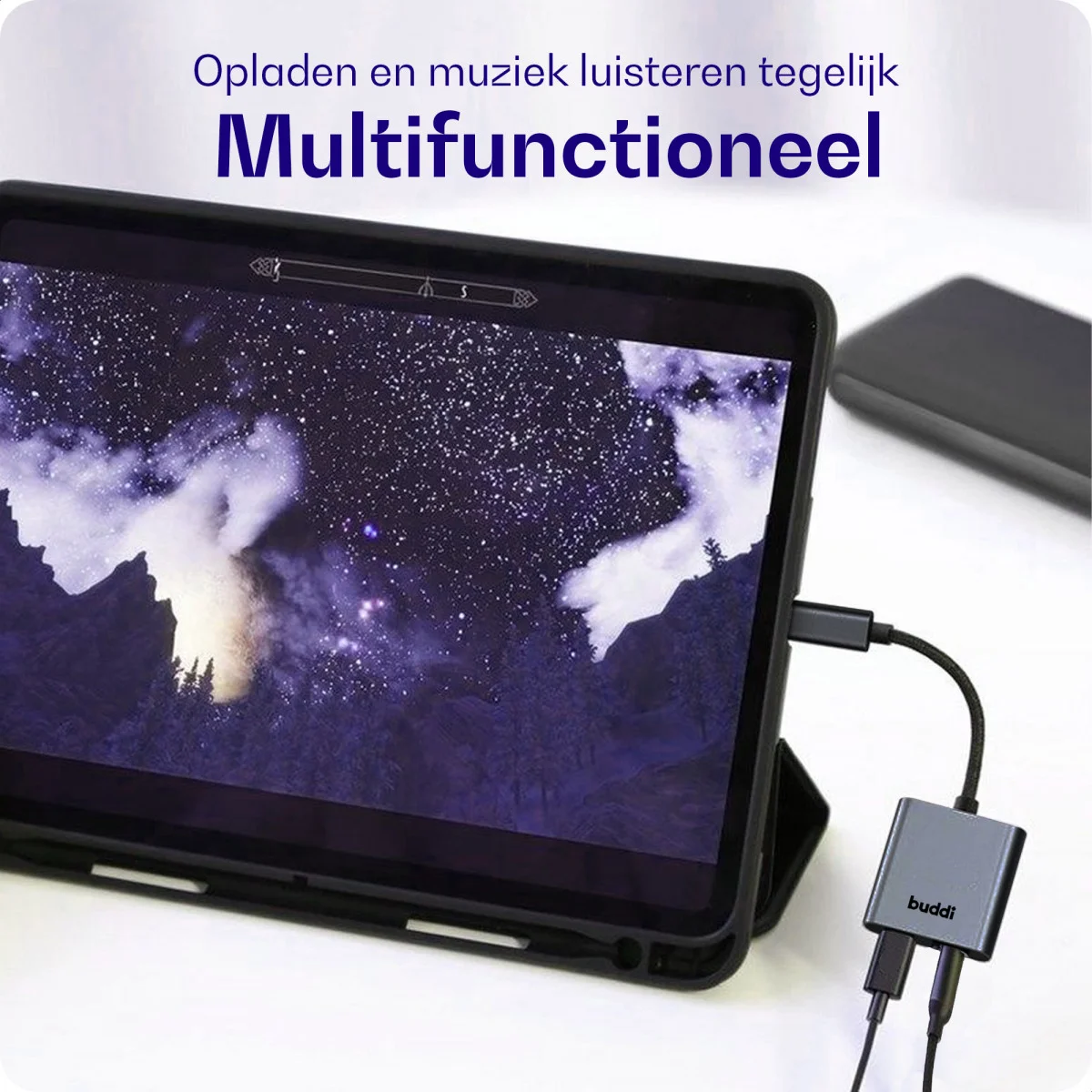 Buddi Ease USB-C en 3.5mm Jack naar USB-C Adapter 60W PD / DAC Chip Grijs afbeelding 3