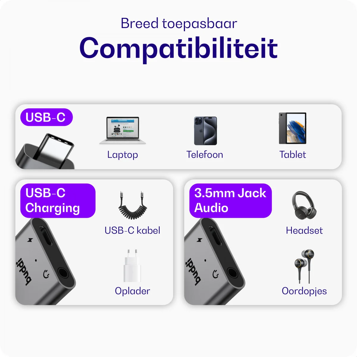 Buddi Ease USB-C en 3.5mm Jack naar USB-C Adapter 60W PD / DAC Chip Grijs afbeelding 4