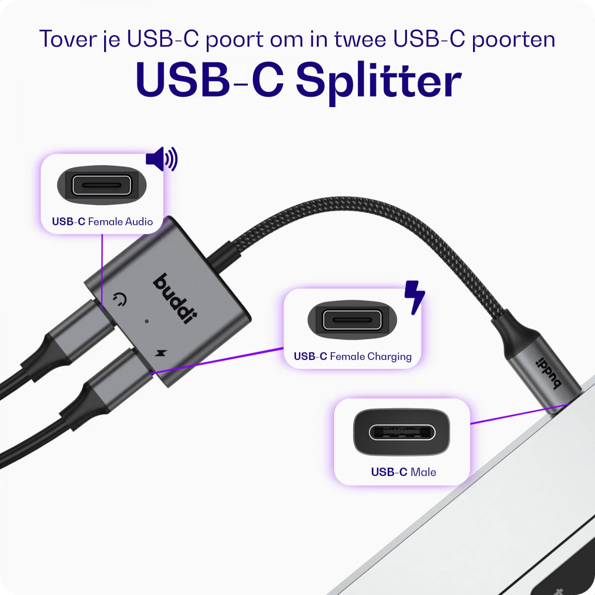 Buddi Ease USB-C naar USB-C en USB-C Adapter Splitter Grijs afbeelding 2