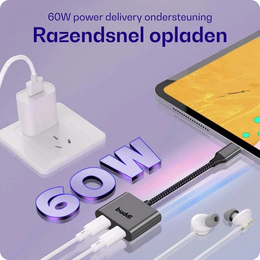 Buddi Ease USB-C naar USB-C en USB-C Adapter Splitter Grijs afbeelding 7