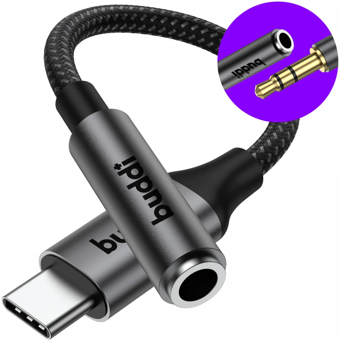 Buddi Ease 3.5mm Headset Jack Aux naar USB-C Adapter met DAC Chip Zwart afbeelding 1