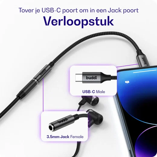 Buddi Ease 3.5mm Headset Jack Aux naar USB-C Adapter met DAC Chip Zwart afbeelding 2