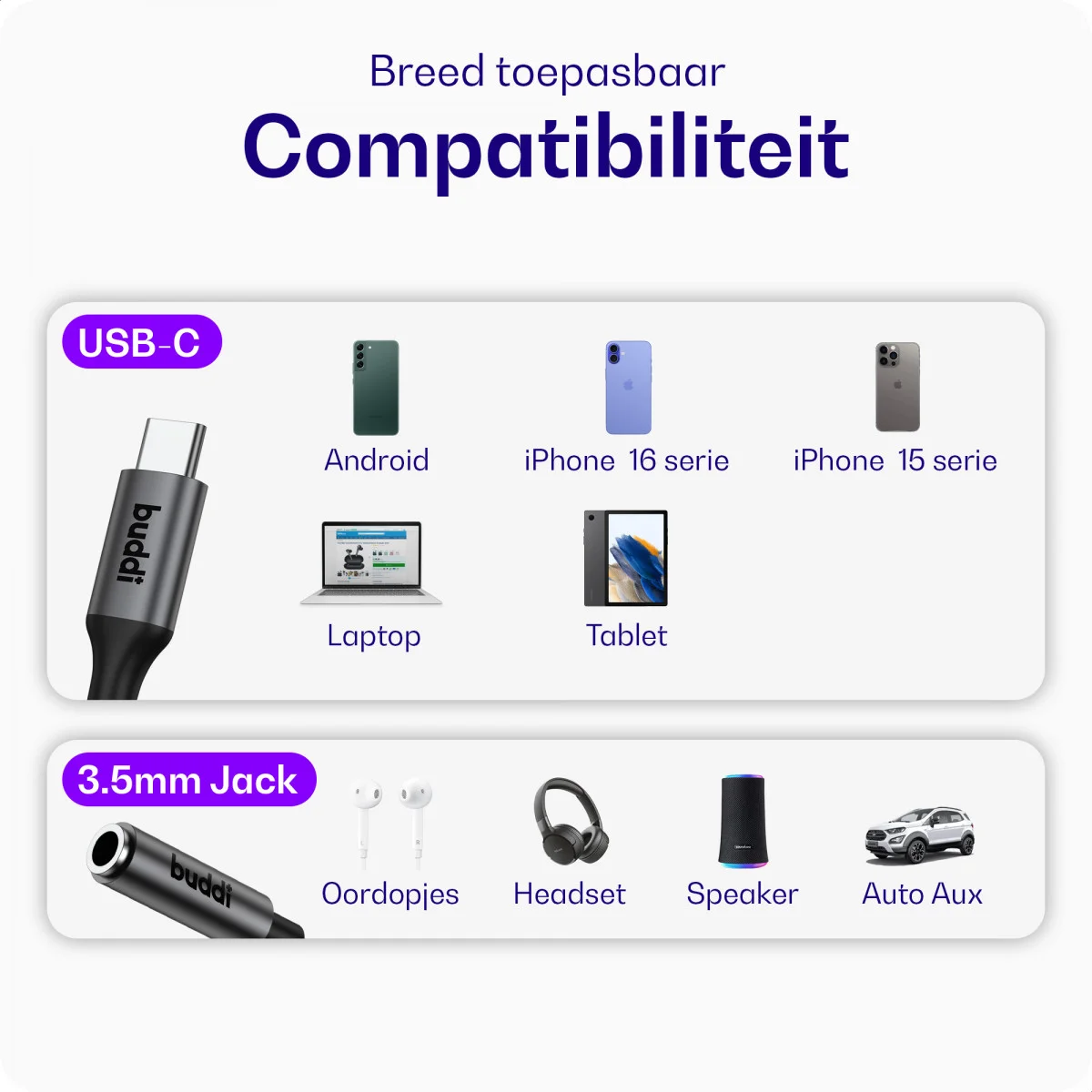 Buddi Ease 3.5mm Headset Jack Aux naar USB-C Adapter met DAC Chip Zwart afbeelding 3