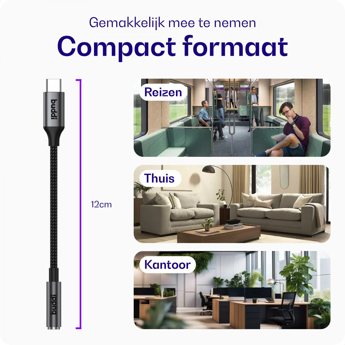 Buddi Ease 3.5mm Headset Jack Aux naar USB-C Adapter met DAC Chip Zwart afbeelding 5
