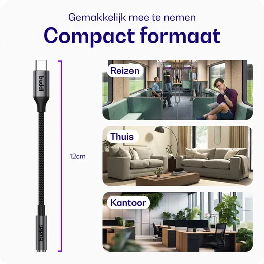 Buddi Ease 3.5mm Headset Jack Aux naar USB-C Adapter met DAC Chip Zwart afbeelding 5
