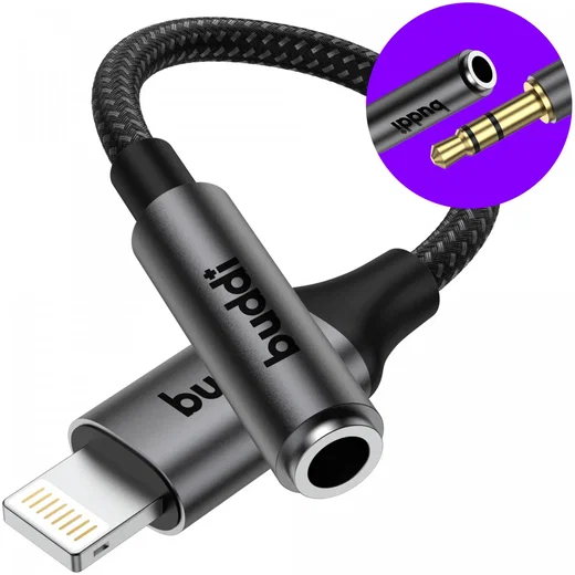 Buddi Ease 3.5mm Headset Jack Aux naar Lightning Adapter met DAC Chip Zwart afbeelding 1