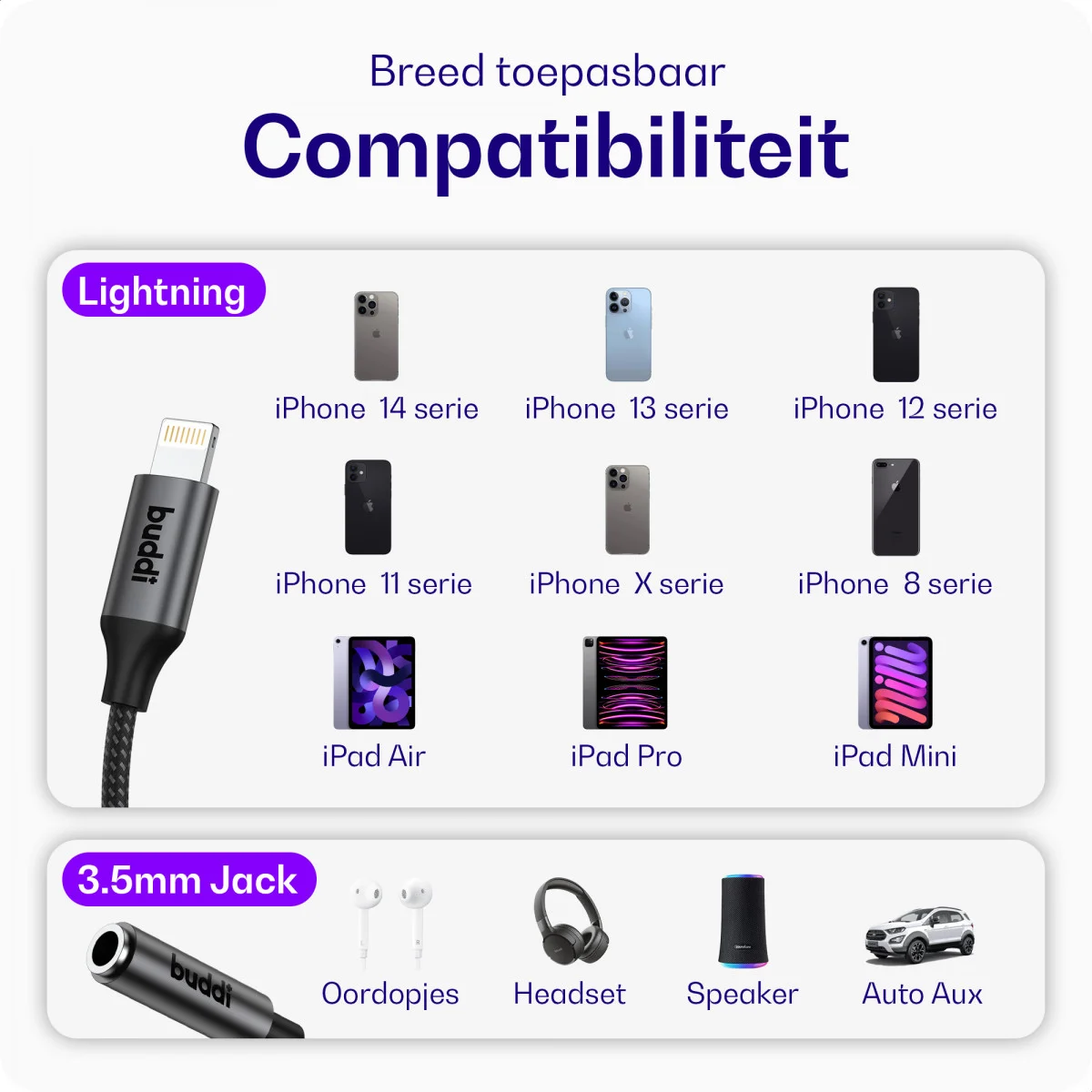 Buddi Ease 3.5mm Headset Jack Aux naar Lightning Adapter met DAC Chip Zwart afbeelding 3