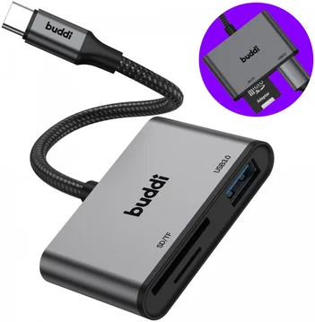Buddi Ease USB-C SD Kaartlezer Adapter met USB A converter Grijs