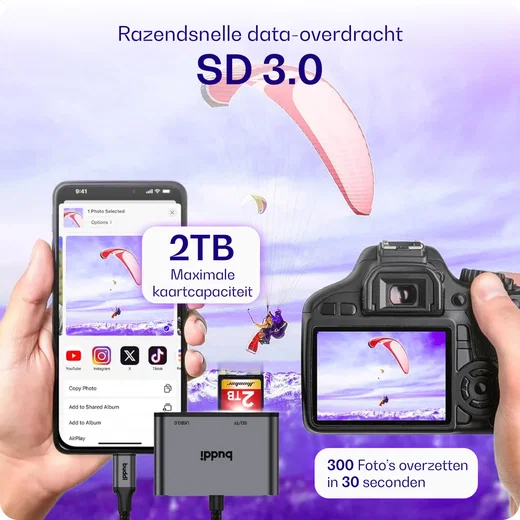Buddi Ease USB-C SD Kaartlezer Adapter met USB A converter Grijs afbeelding 6