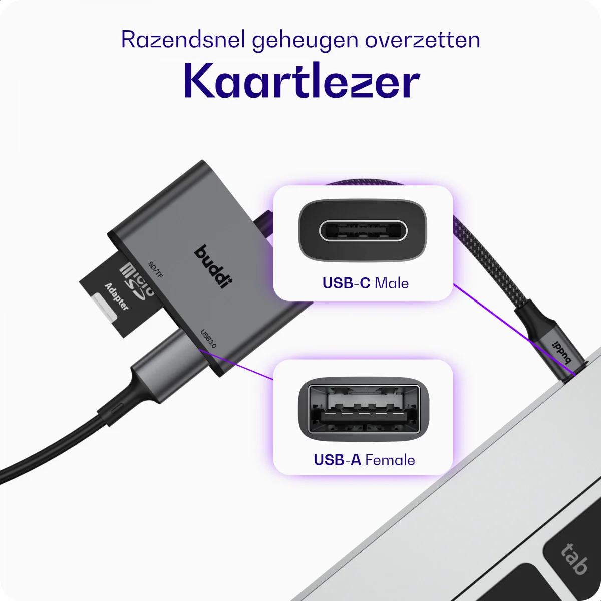 Buddi Ease USB-C SD Kaartlezer Adapter met USB A converter Grijs afbeelding 7