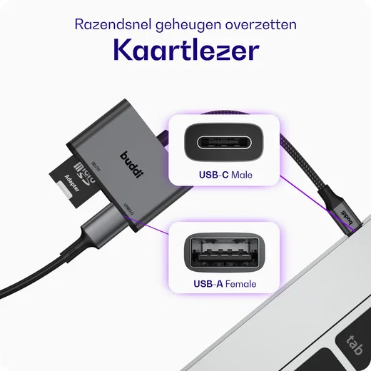 Buddi Ease USB-C SD Kaartlezer Adapter met USB A converter Grijs afbeelding 7