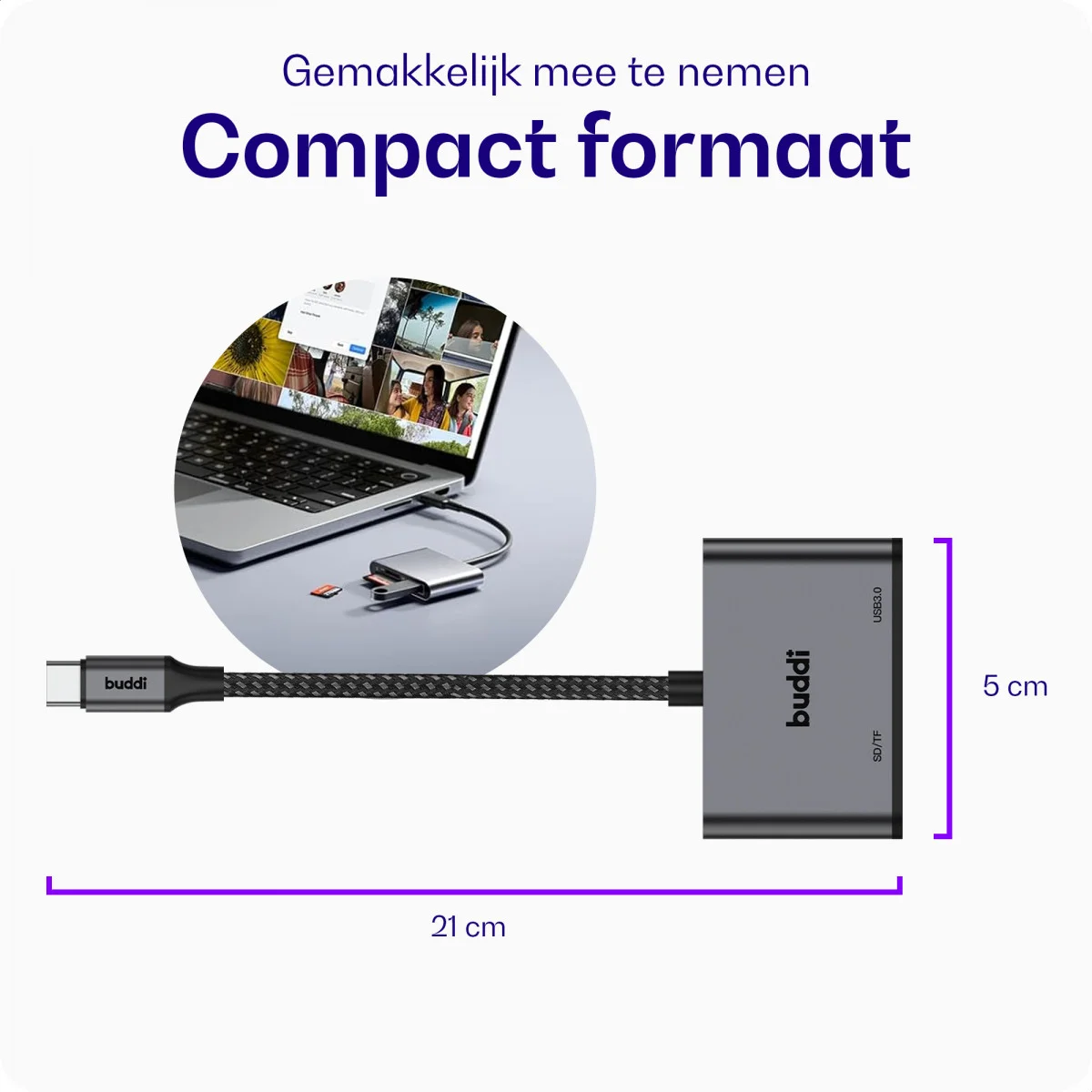 Buddi Ease USB-C SD Kaartlezer Adapter met USB A converter Grijs afbeelding 8