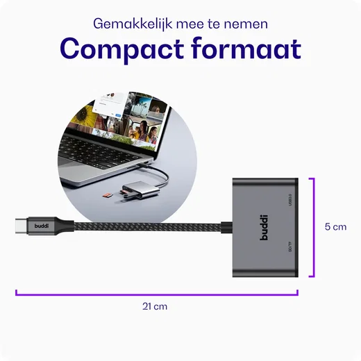 Buddi Ease USB-C SD Kaartlezer Adapter met USB A converter Grijs afbeelding 8