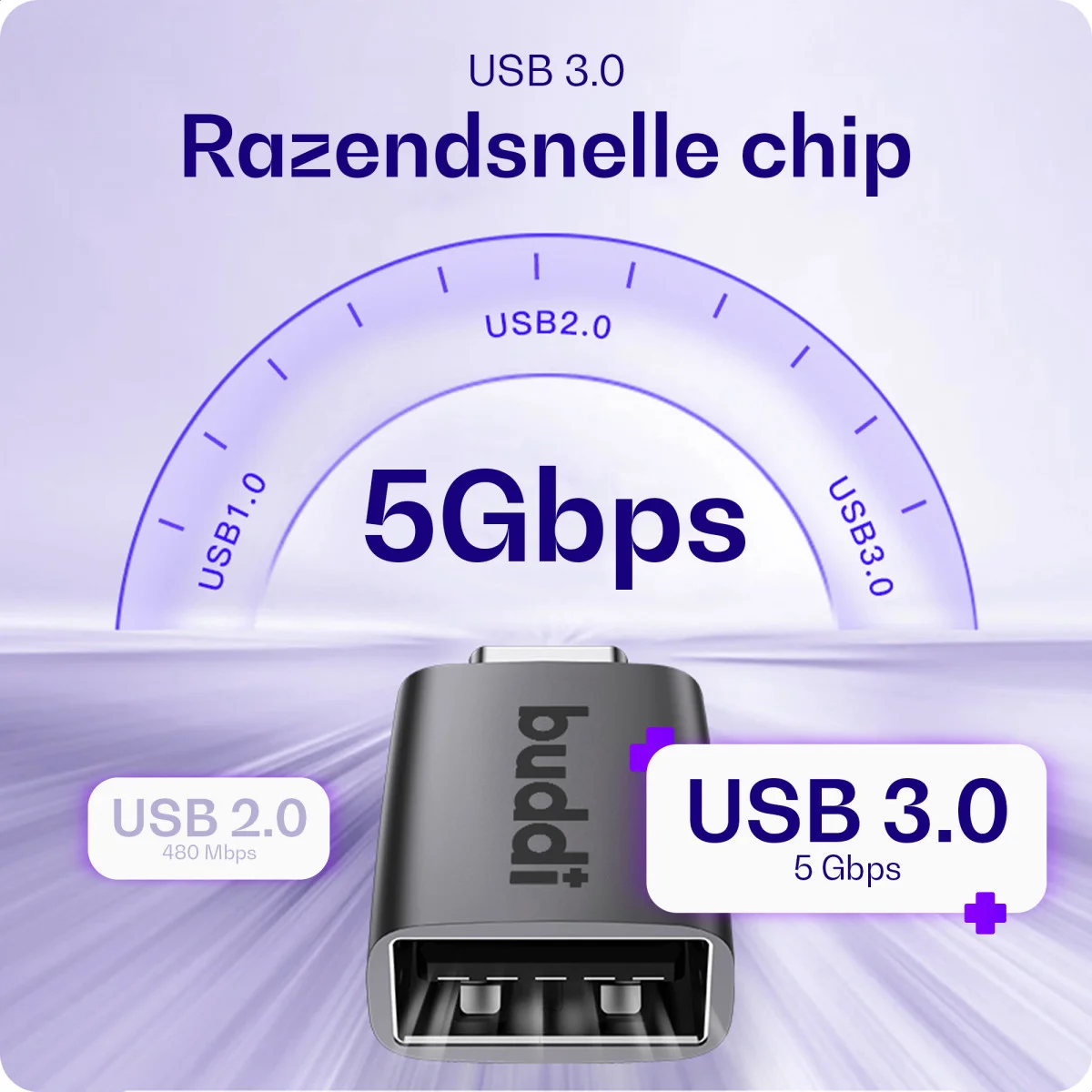 Buddi Ease USB-A naar USB-C Adapter Koppelstuk USB 3.0 Grijs afbeelding 3