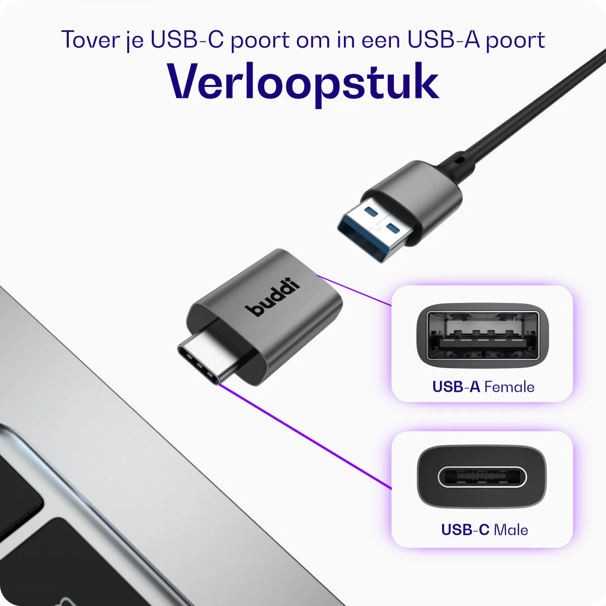 Buddi Ease USB-A naar USB-C Adapter Koppelstuk USB 3.0 Grijs afbeelding 2