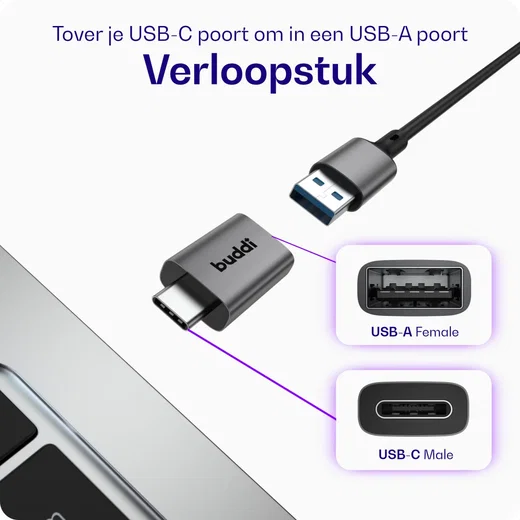 Buddi Ease USB-A naar USB-C Adapter Koppelstuk USB 3.0 Grijs afbeelding 2
