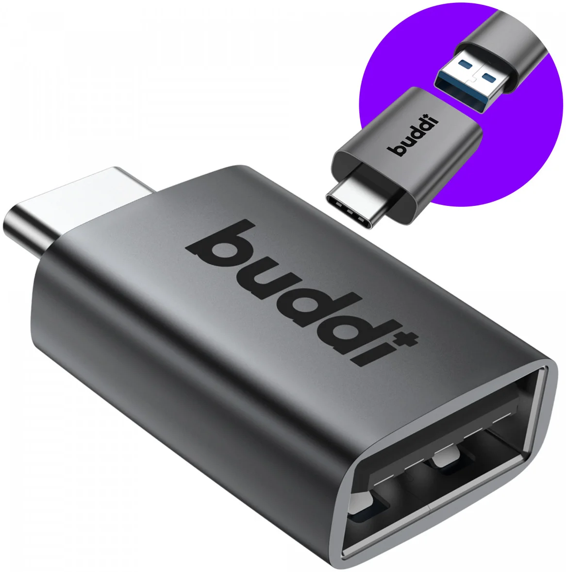 Buddi Ease USB-A naar USB-C Adapter Koppelstuk USB 3.0 Grijs afbeelding 1