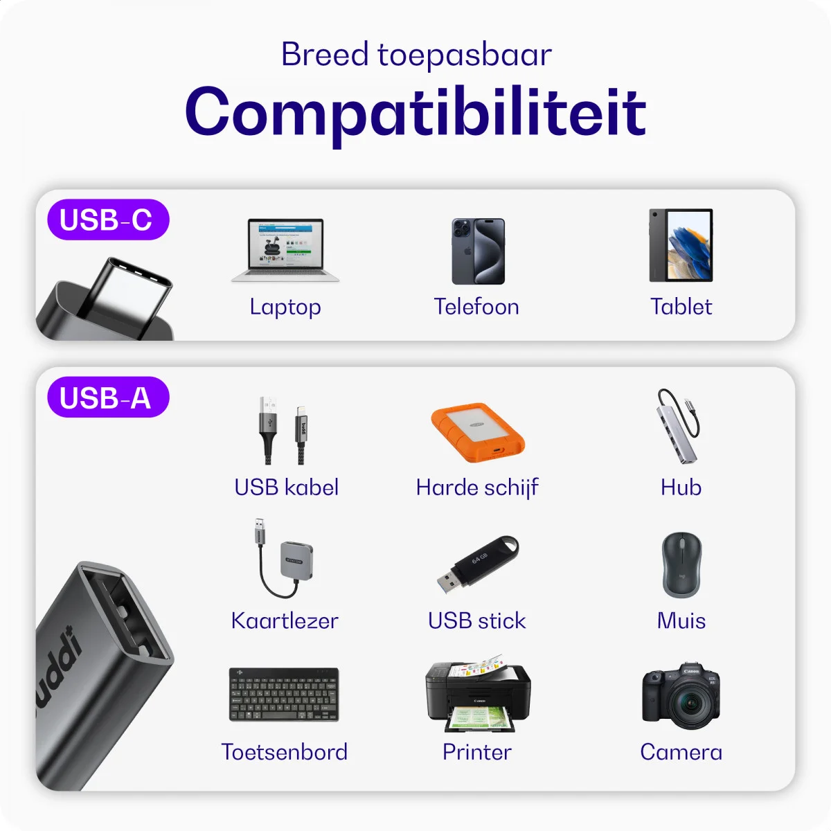 Buddi Ease USB-A naar USB-C Adapter Koppelstuk USB 3.0 Grijs afbeelding 4