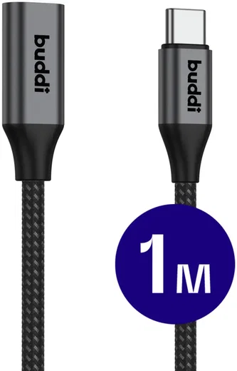 Buddi Flex USB-C Female naar USB-C Male Verlengkabel 60W 1M Zwart afbeelding 1