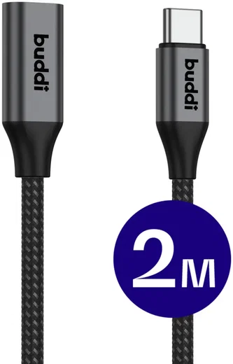 Buddi Flex USB-C Female naar USB-C Male Verlengkabel 60W 2M Zwart afbeelding 1