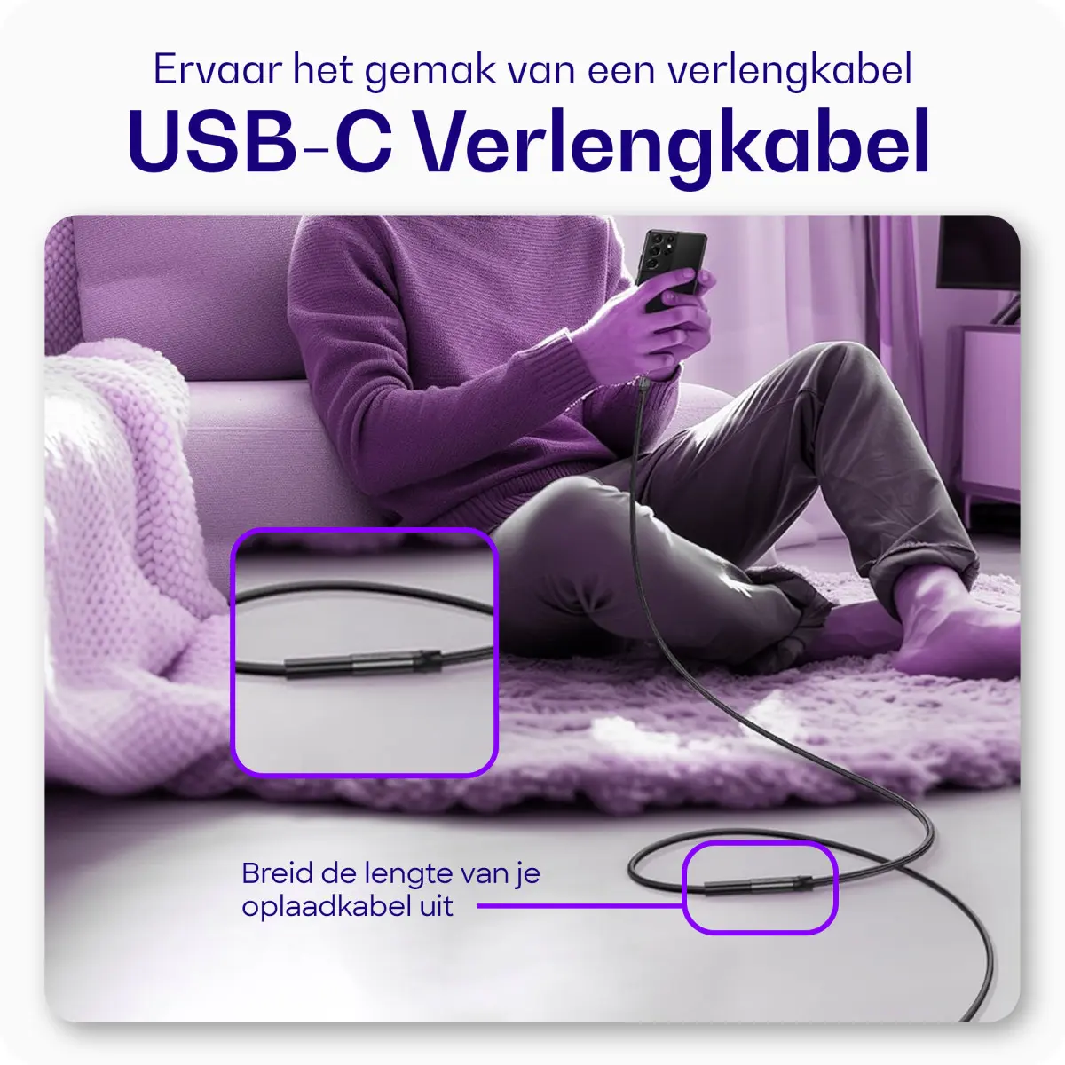 Buddi Flex USB-C Female naar USB-C Male Verlengkabel 60W 2M Zwart afbeelding 2