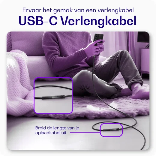 Buddi Flex USB-C Female naar USB-C Male Verlengkabel 60W 2M Zwart afbeelding 2