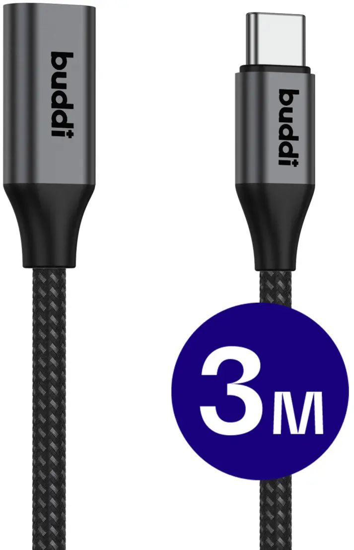 Buddi Flex USB-C Female naar USB-C Male Verlengkabel 60W 3M Zwart afbeelding 1