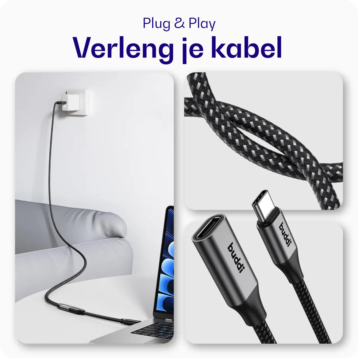 Buddi Flex USB-C Female naar USB-C Male Verlengkabel 60W 3M Zwart afbeelding 4