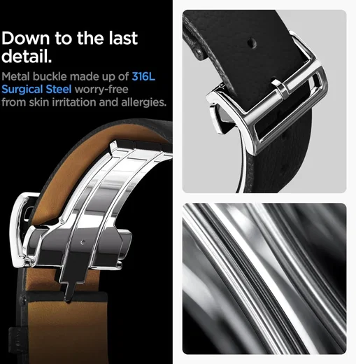 Spigen Enzo - Universeel Smartwatch 20MM Bandje - Echt Leer - Zwart afbeelding 3