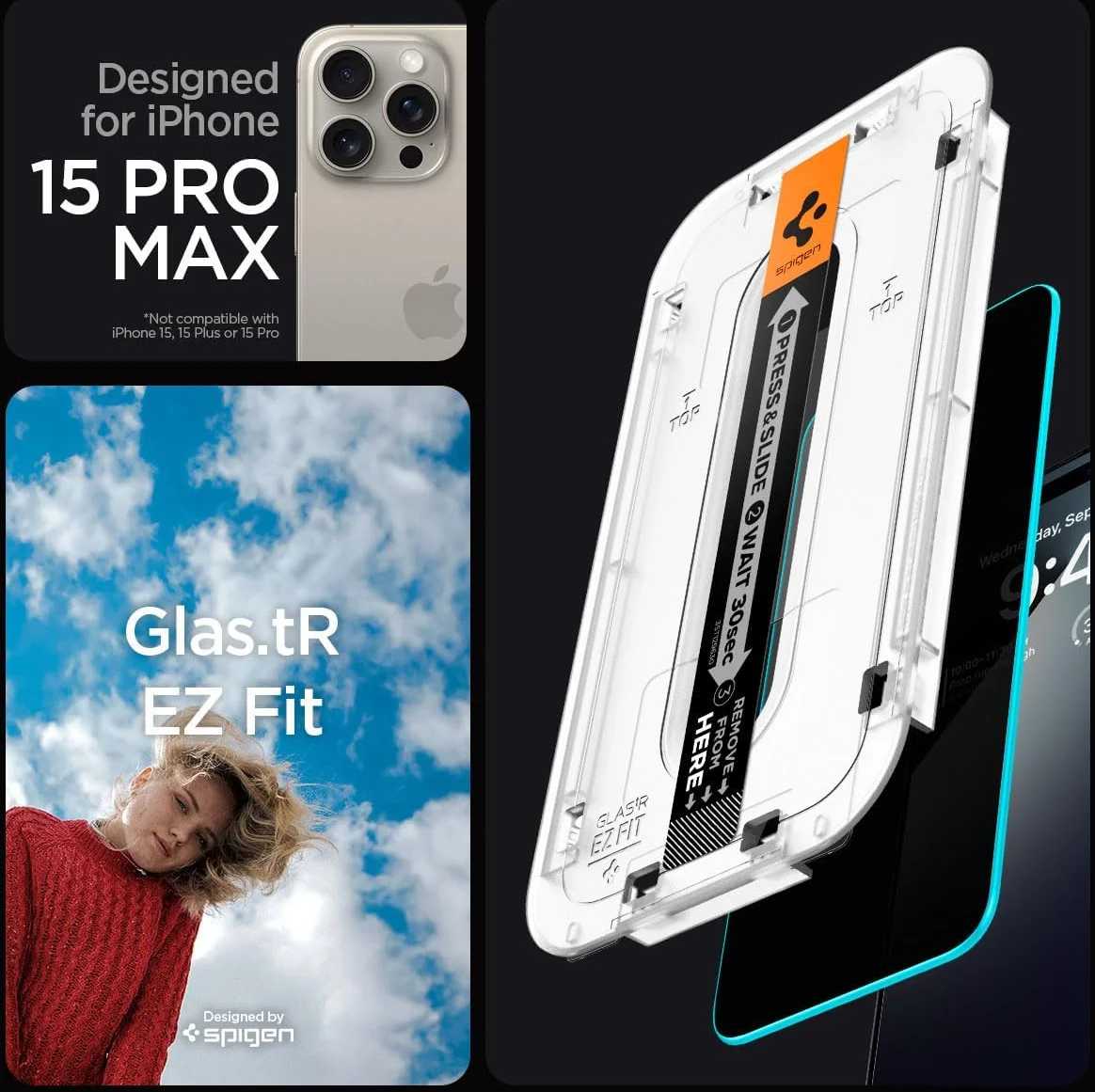 Spigen EZ Fit GLAS.tR Apple iPhone 15 Pro Max Privacy Glass (1-Pack) afbeelding 5
