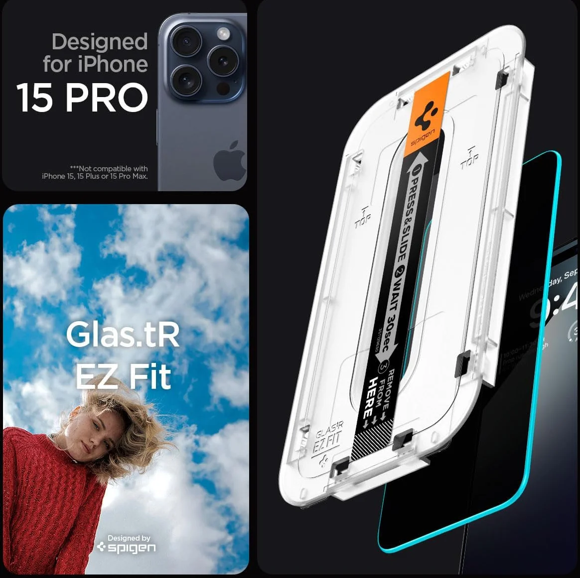 Spigen EZ Fit GLAS.tR Apple iPhone 15 Pro Privacy Glass 1-Pack afbeelding 8