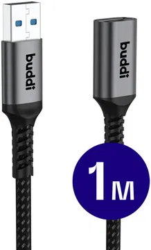 Buddi Flex USB-A Female naar USB-A Male Verlengkabel USB 3.0 1M Zwart