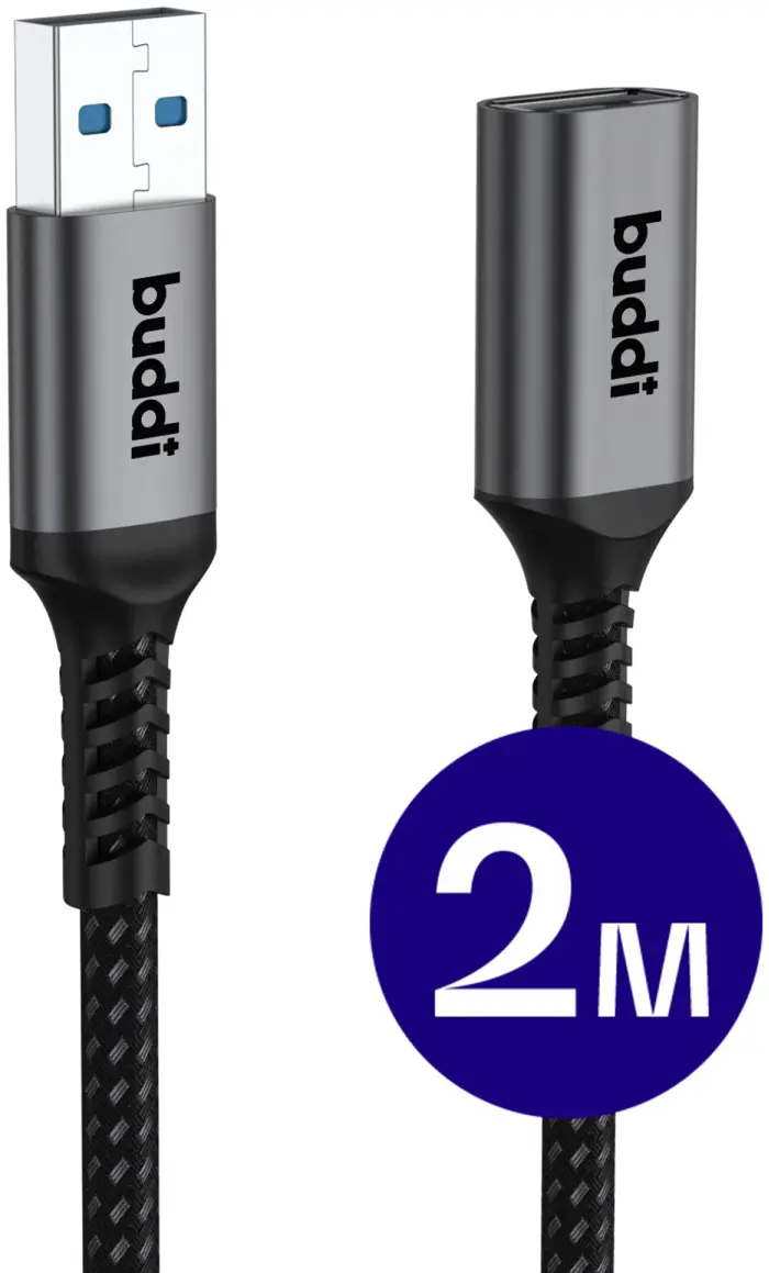 Buddi Flex USB-A Female naar USB-A Male Verlengkabel USB 3.0 2M Zwart afbeelding 1