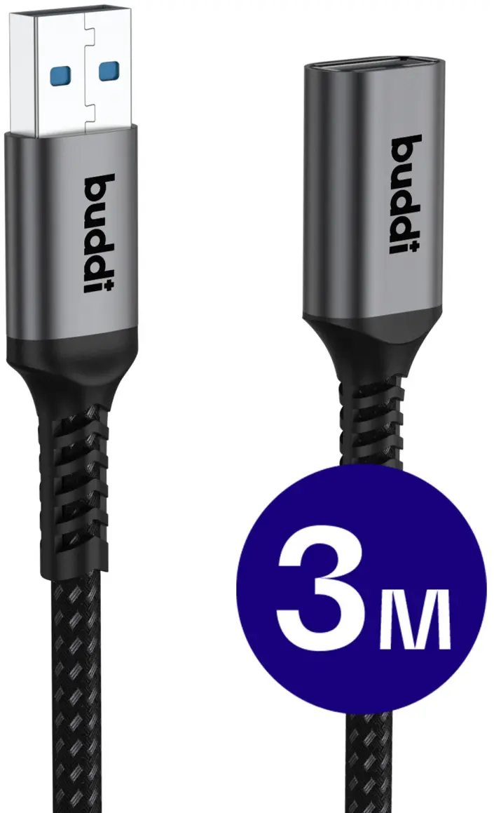 Buddi Flex USB-A Female naar USB-A Male Verlengkabel USB 3.0 3M Zwart afbeelding 1