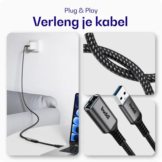 Buddi Flex USB-A Female naar USB-A Male Verlengkabel USB 3.0 3M Zwart afbeelding 4