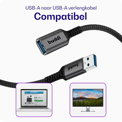 Buddi Flex USB-A Female naar USB-A Male Verlengkabel USB 3.0 3M Zwart afbeelding 5