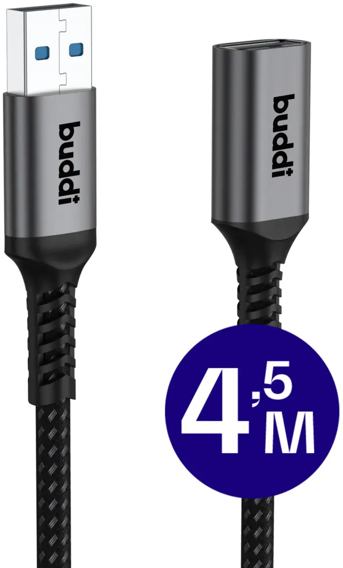 Buddi Flex USB-A Female naar USB-A Male Verlengkabel USB 3.0 4.5M Zwart afbeelding 1