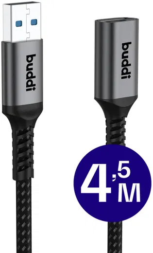Buddi Flex USB-A Female naar USB-A Male Verlengkabel USB 3.0 4.5M Zwart afbeelding 1