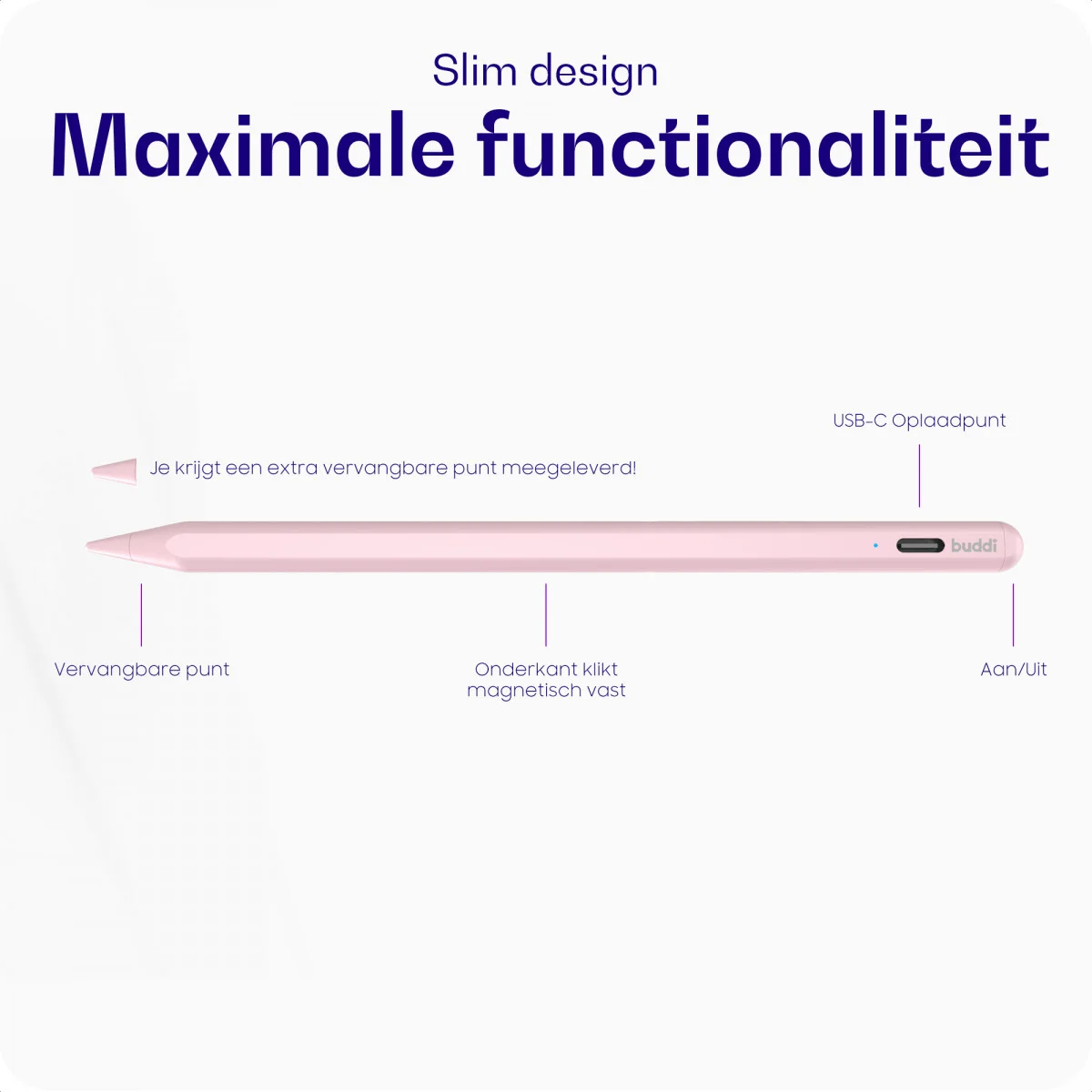 Buddi Flow Universele Actieve Stylus Pen met USB-C Poort Roze afbeelding 2
