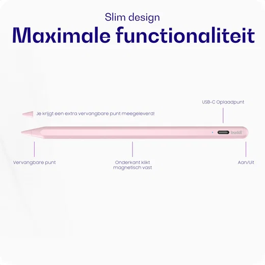 Buddi Flow Universele Actieve Stylus Pen met USB-C Poort Roze afbeelding 2