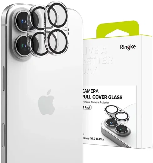 Ringke Full Cover Glass iPhone 16 / 16 Plus Camera Protector Glas (2-Pack) afbeelding 1