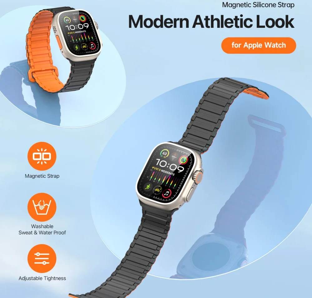 Dux Ducis - Apple Watch 1-10/SE/Ultra Bandje - 49/46/45/44/42MM - Zwart Oranje afbeelding 6